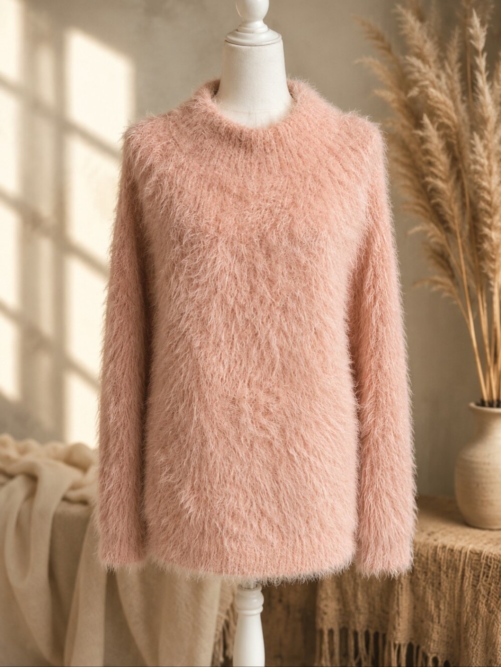 Soft Surroundings Plush Eyelash Cozy Long Tunic Crewneck Sweater - Blush Pink